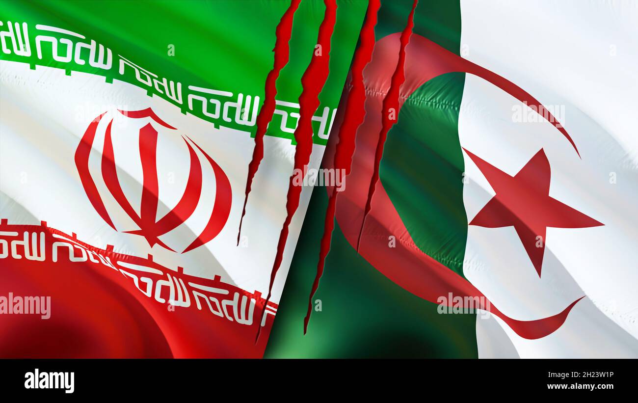 Iran and Algeria flags with scar concept. Waving flag,3D rendering