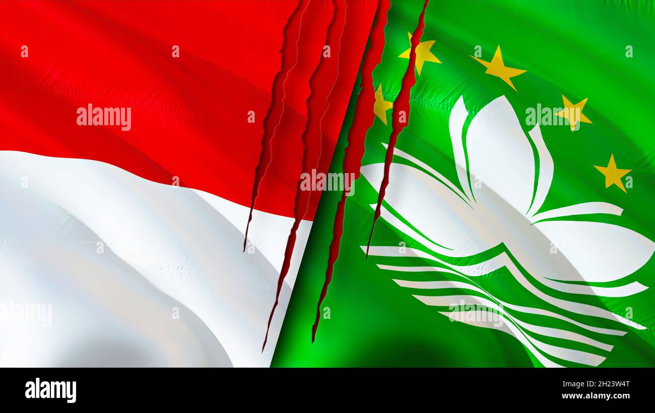Monaco and Macau flags with scar concept. Waving flag,3D rendering ...