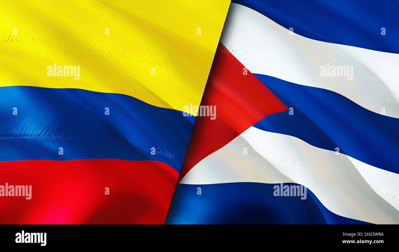 Colombia and Cuba flags. 3D Waving flag design. Colombia Cuba flag