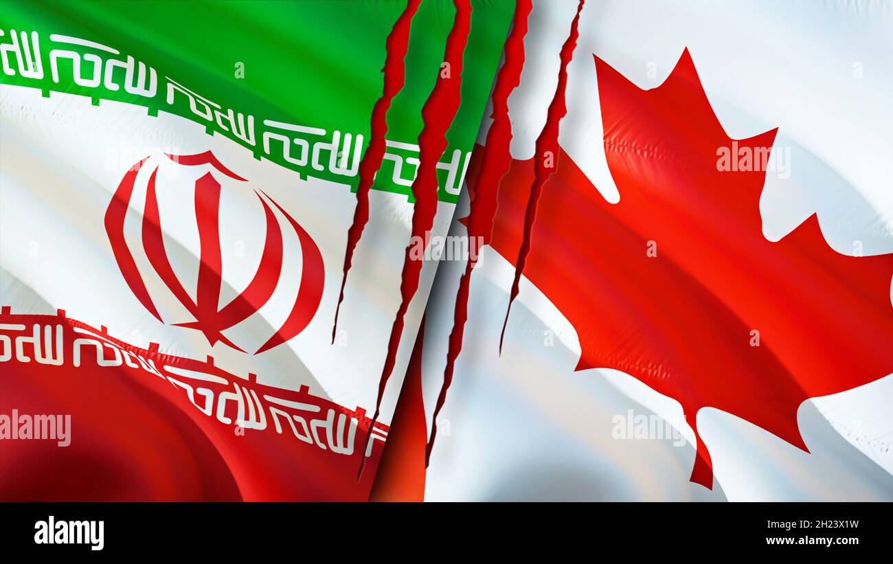 Iran and Canada flags with scar concept. Waving flag,3D rendering
