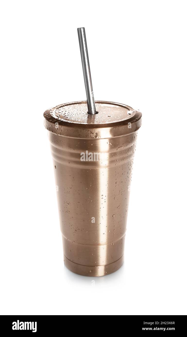 Golden coffee cup with straw isolated on white Stock Photo Alamy