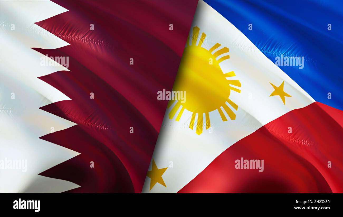 Qatar and Philippines flags. 3D Waving flag design. Philippines Qatar