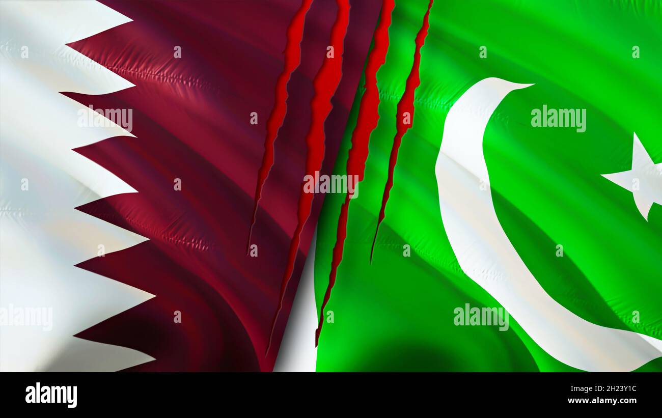 Qatar and Pakistan flags with scar concept. Waving flag,3D rendering