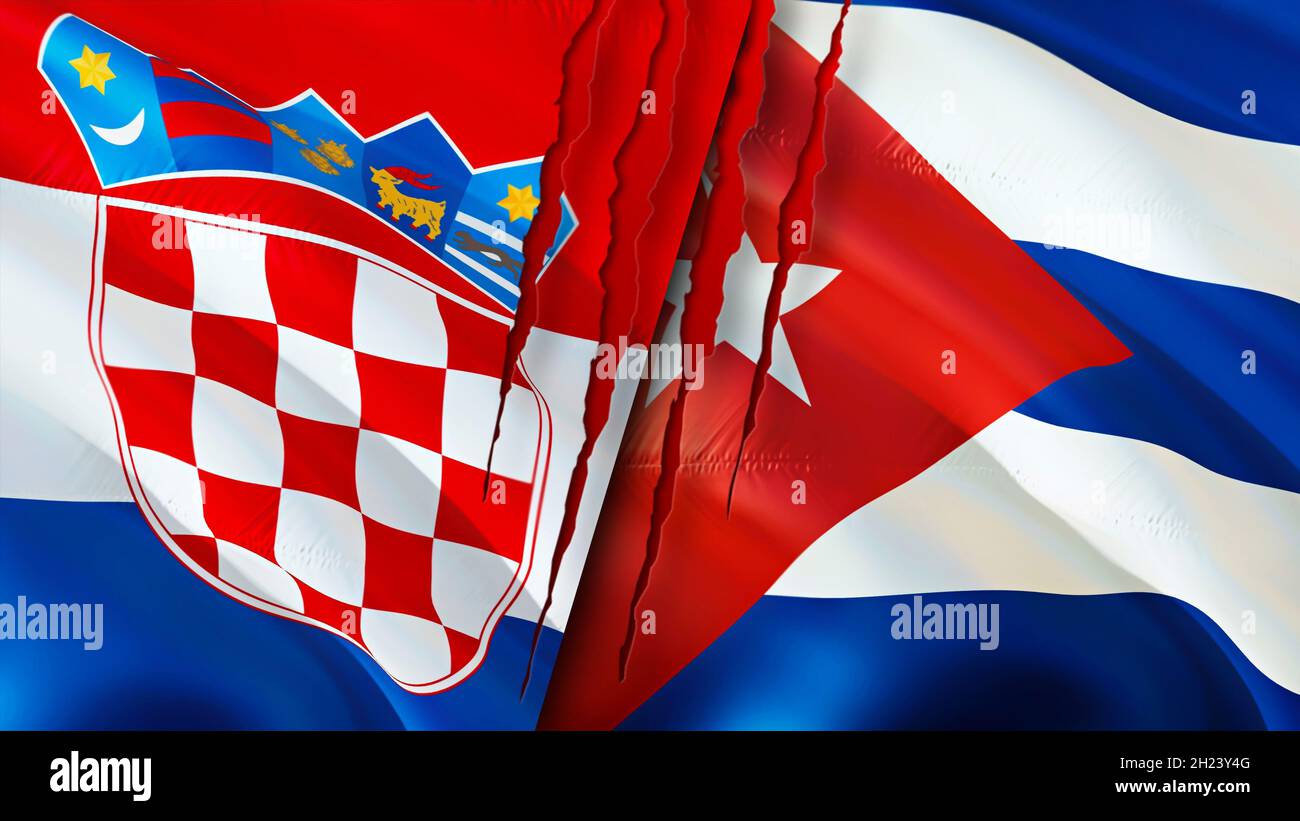 Croatia and Cuba flags with scar concept. Waving flag,3D rendering. Cuba and Croatia conflict concept. Croatia Cuba relations concept. flag of Croatia Stock Photo