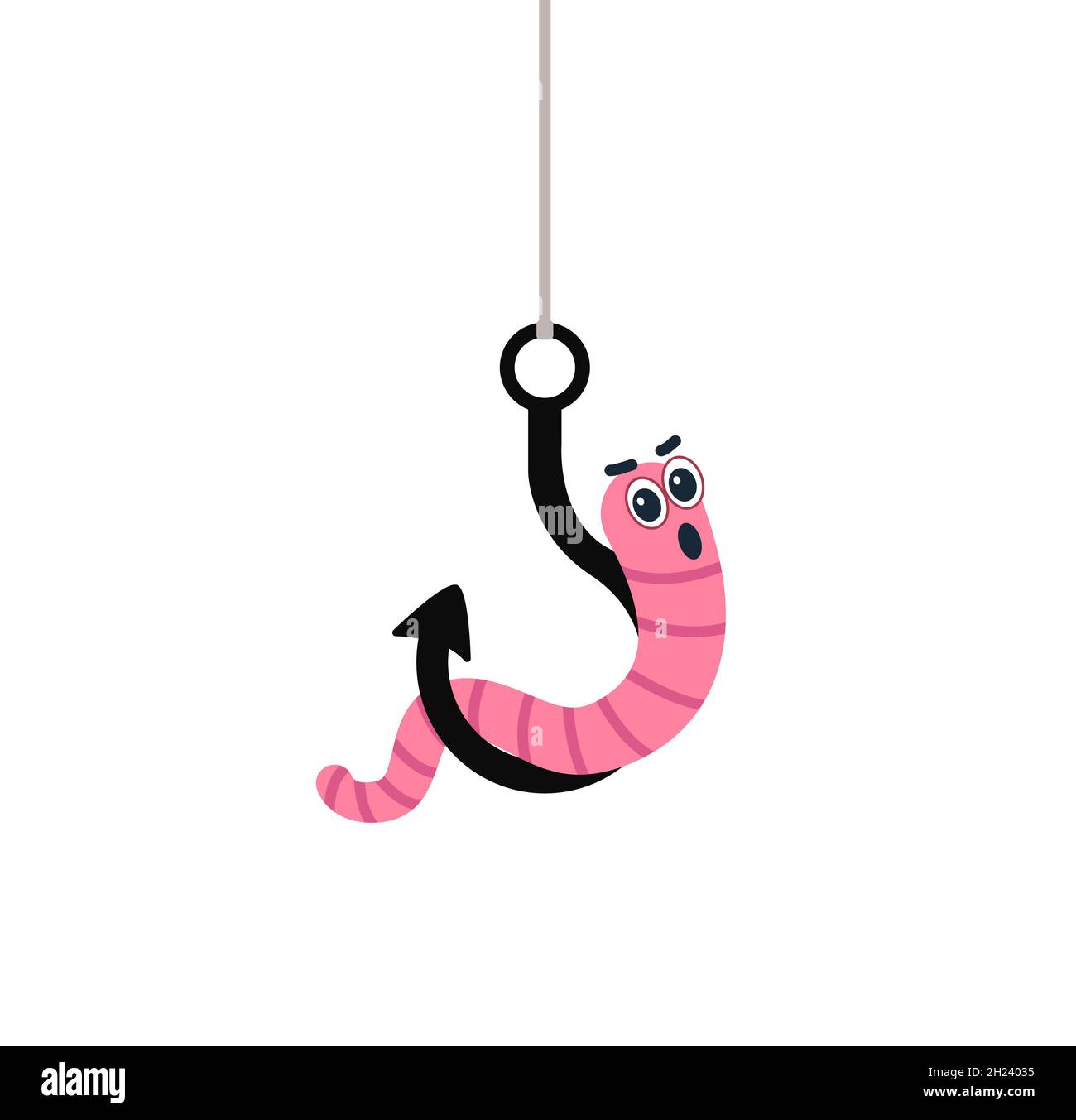 Cartoon worm on a hook. Emotion horror. vector illustration. character Stock Vector