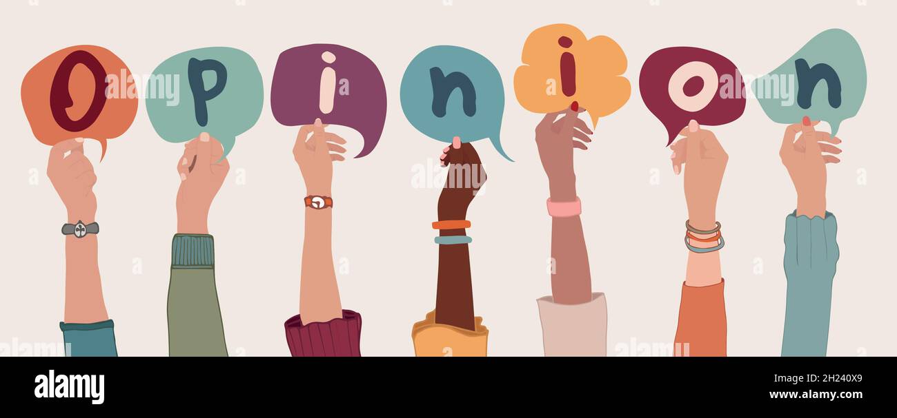 Group arms and raised hands of diverse people holding a speech bubble with letters inside forming the text -Opinion- Various people community Stock Vector