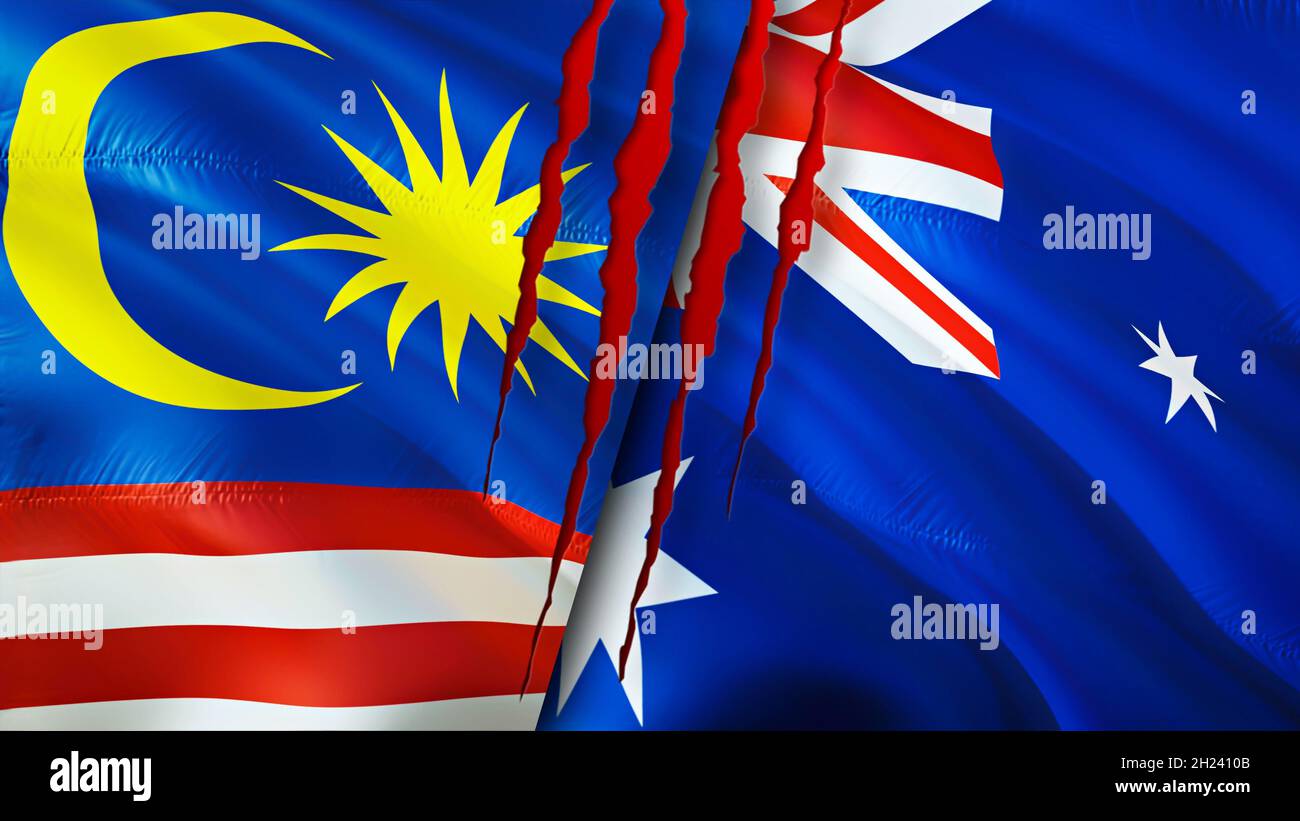 Malaysia and Australia flags with scar concept. Waving flag,3D rendering. Malaysia and Australia