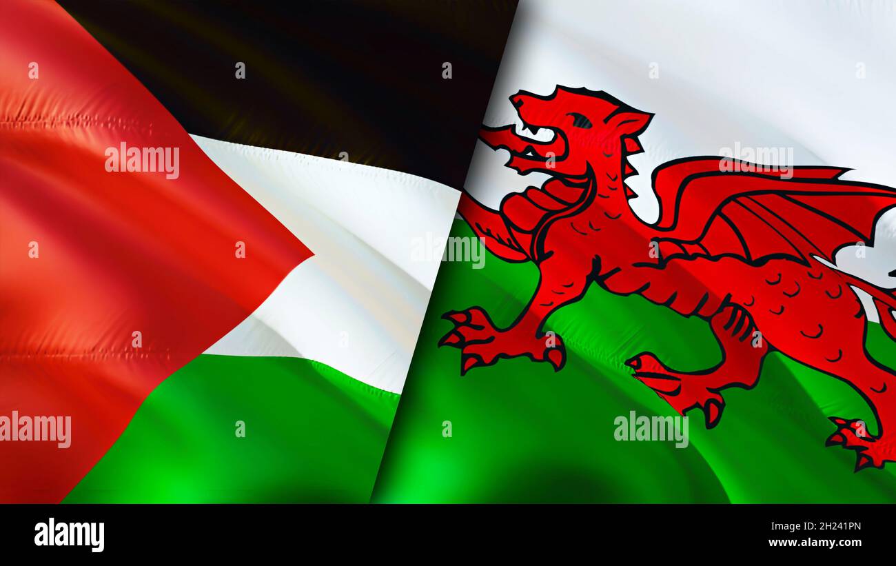 Palestine and Wales flags. 3D Waving flag design. Palestine Wales flag