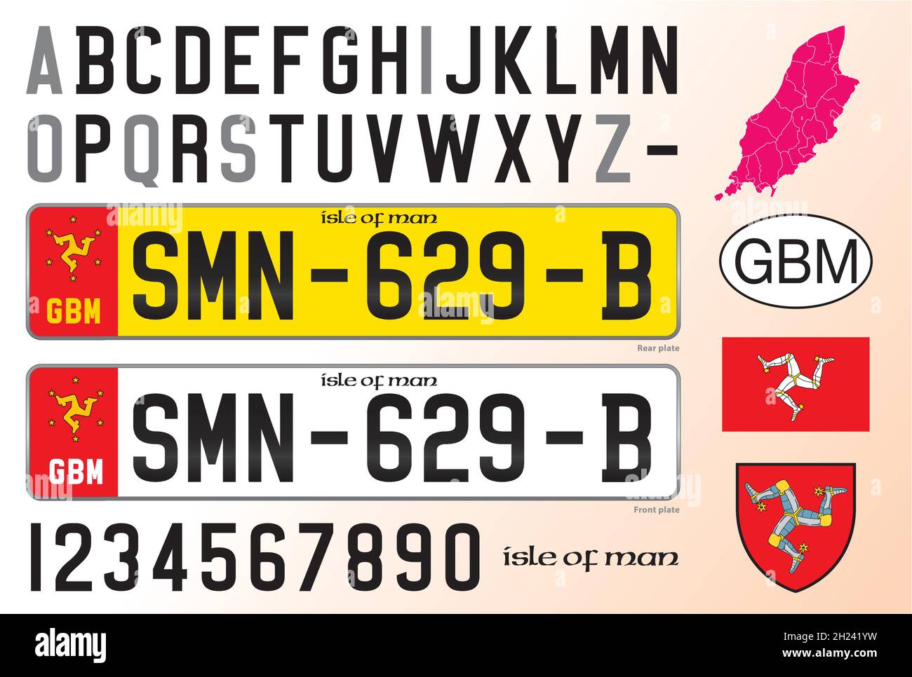 Isle of Man license plate pattern, lettering, numbers and symbols, Europe, vector illustration Stock Vector