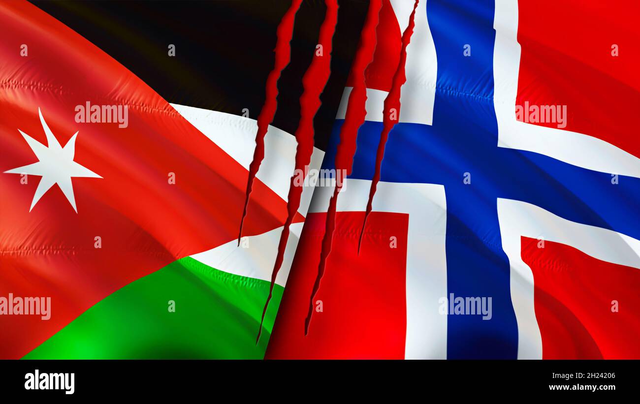 and Norway flags with scar Waving flag,3D rendering. Norway and Jordan conflict concept. Jordan Norway relations concept. flag of Jord Photo - Alamy