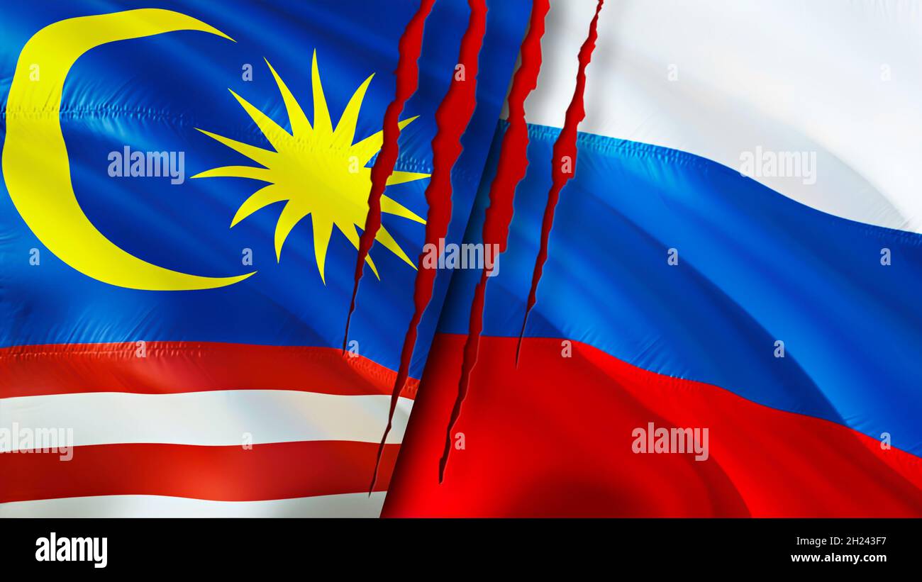 Malaysia and Russia flags with scar concept. Waving flag,3D rendering ...