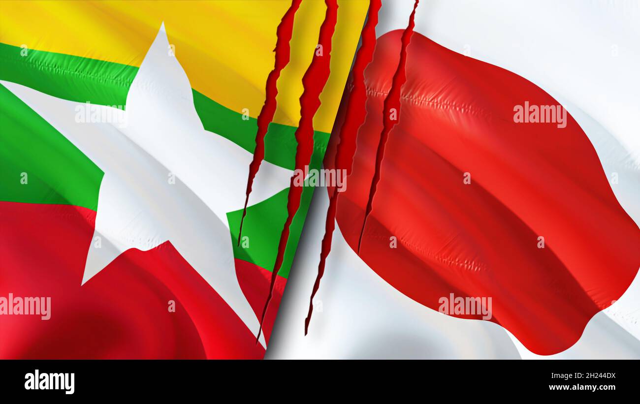 Myanmar And Japan Flags With Scar Concept Waving Flag 3D Rendering myanmar-and-japan-flags-with-scar-concept-waving-flag-3d-rendering
