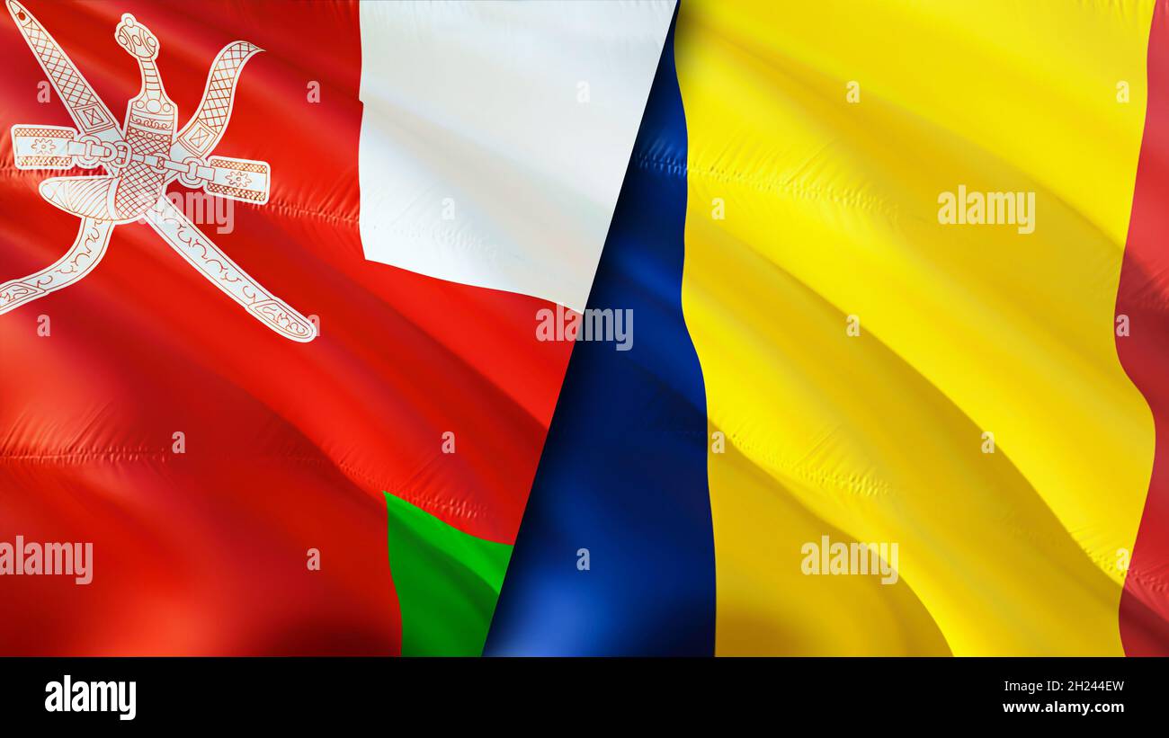 Oman and Chad flags. 3D Waving flag design. Chad Oman flag, picture, wallpaper. Oman vs Chad image,3D rendering. Oman Chad relations alliance and Trad Stock Photo