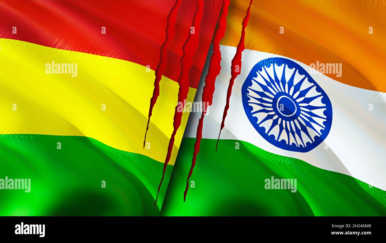Bolivia and India flags with scar concept. Waving flag 3D rendering