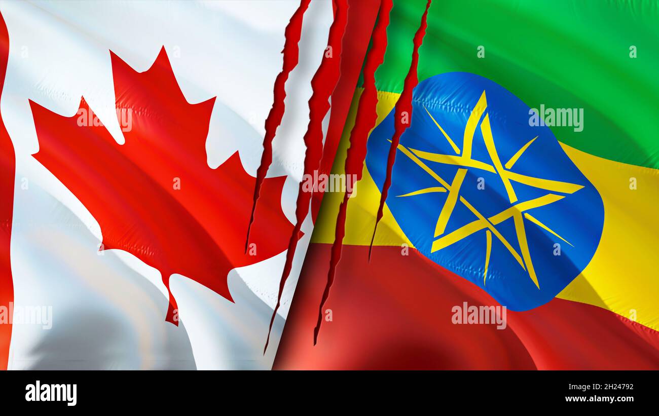 Canada and Ethiopia flags with scar concept. Waving flag,3D rendering