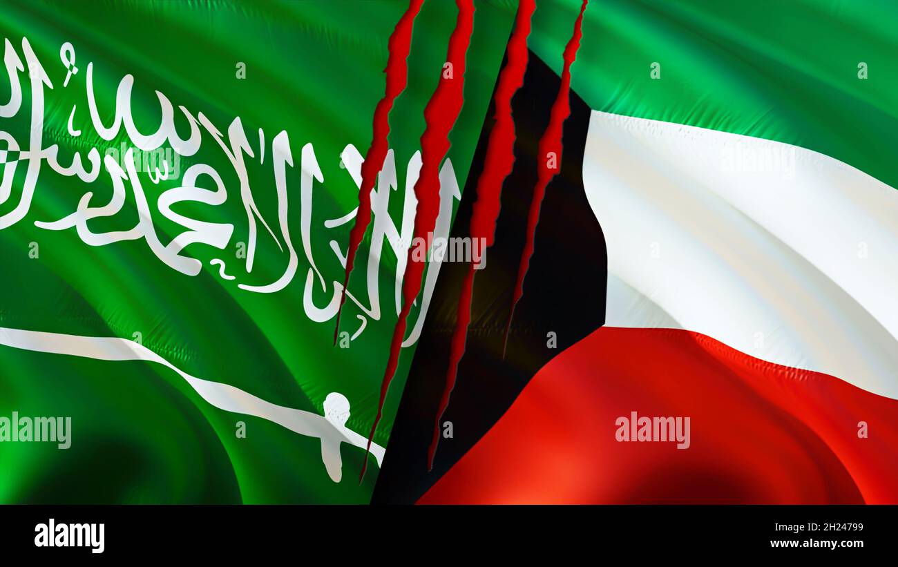 Saudi Arabia and Kuwait flags with scar concept. Waving flag,3D rendering. Kuwait and Saudi