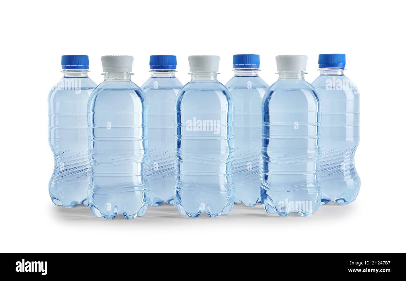 Set of different plastic bottles with water on white background Stock ...