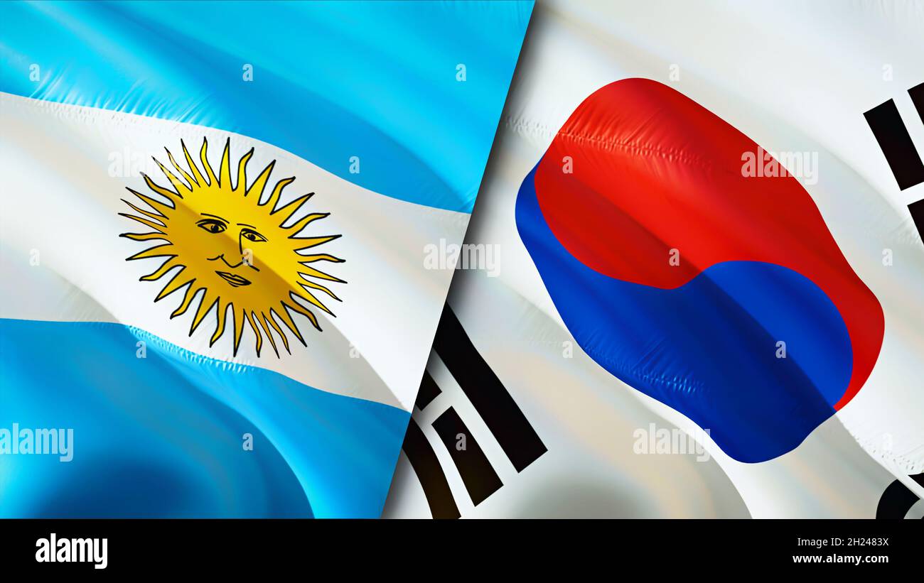 Argentina and South Korea flags. 3D Waving flag design. Argentina South