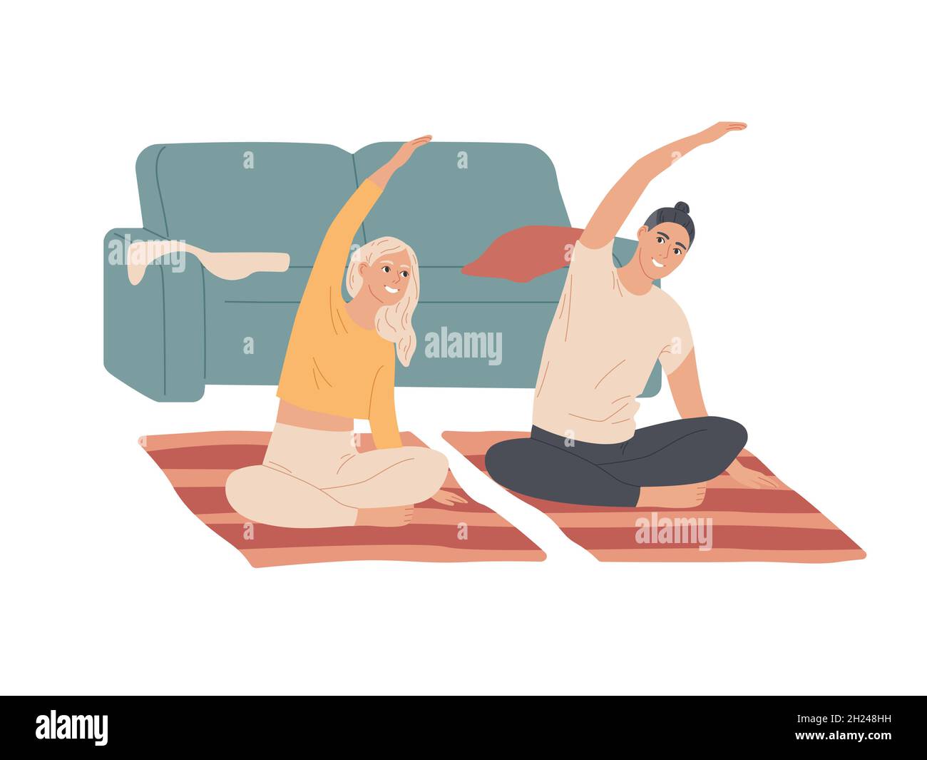 Couple of young people do exercises at home. Stock Vector