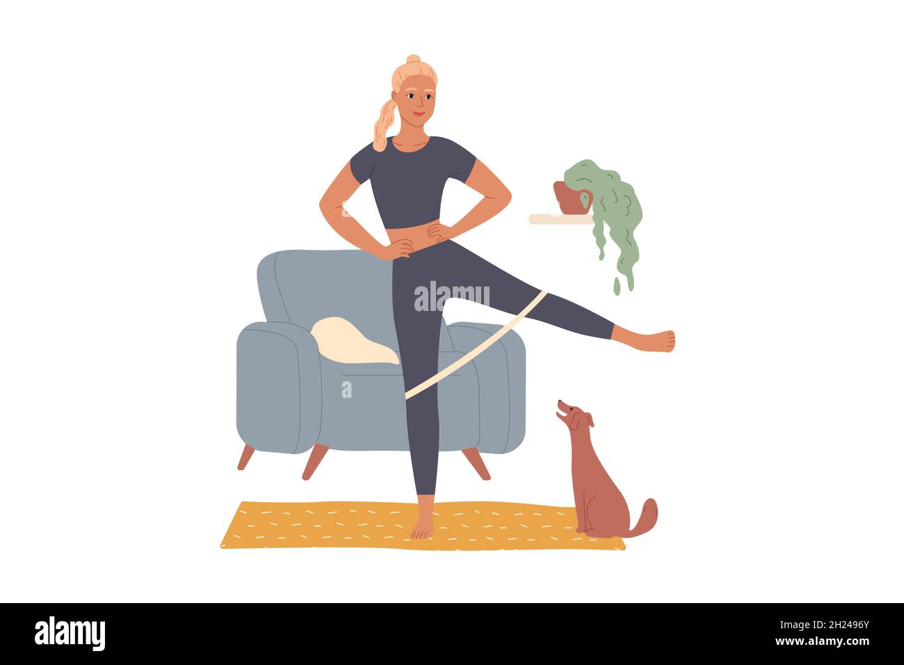 Woman trains at home, doing leg exercises overcoming the resistance of the rubber band. Stock Vector