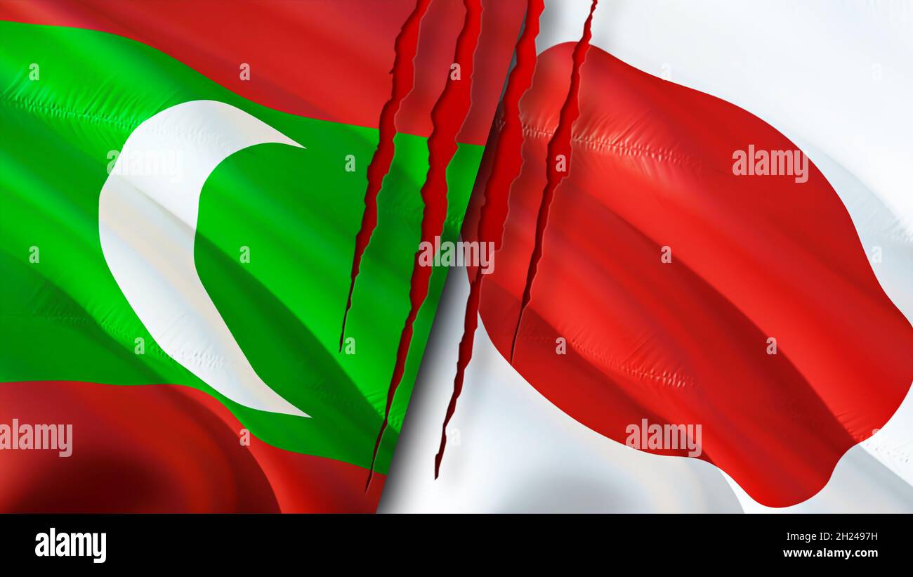 Maldives and Japan flags with scar concept. Waving flag,3D rendering. Maldives and Japan conflict concept. Maldives Japan relations concept. flag of M Stock Photo