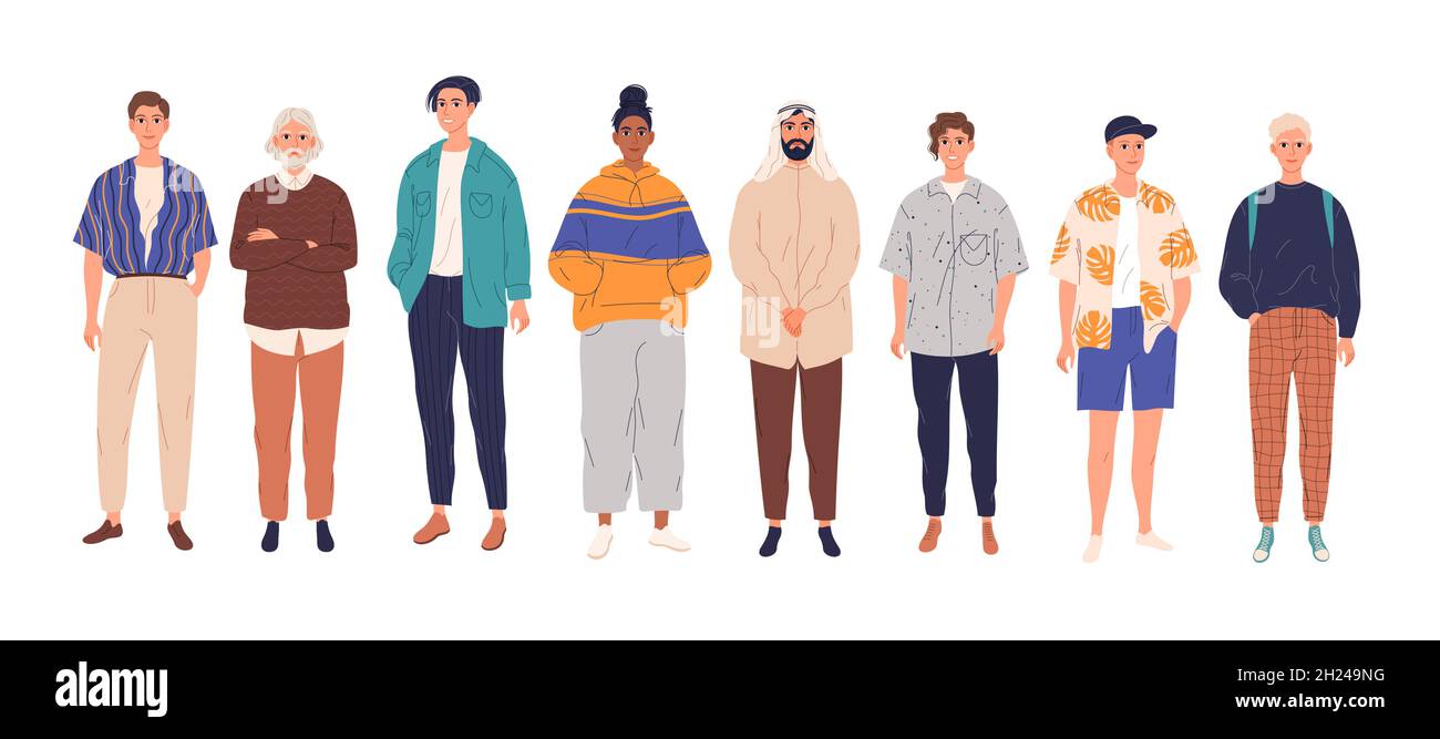 Diverse group of young men standing together. Flat cartoon vector ...