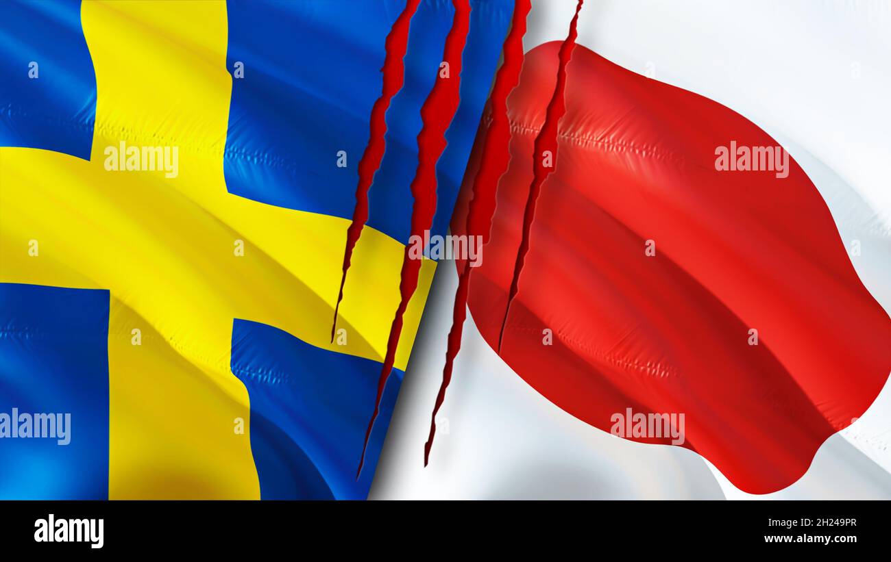 Sweden and Japan flags with scar concept. Waving flag,3D rendering