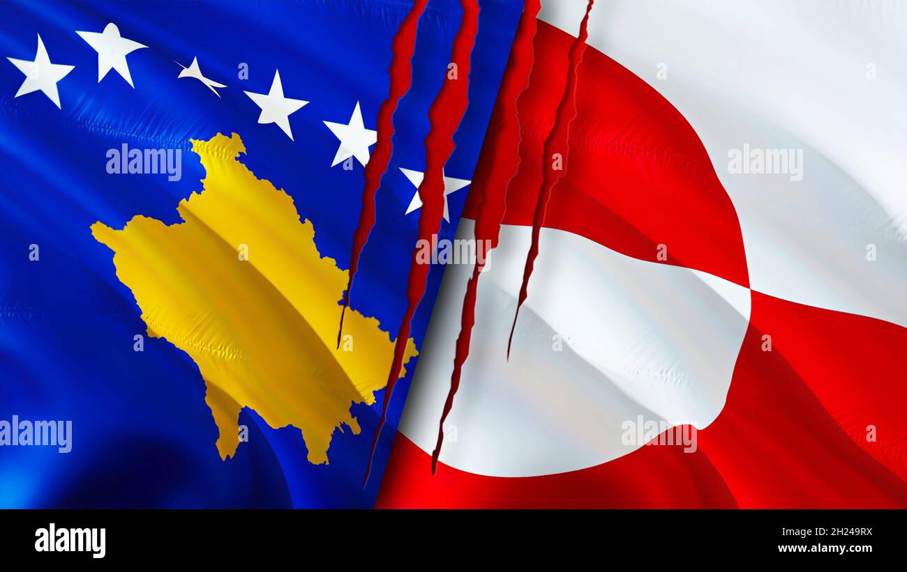 Kosovo and Greenland flags with scar concept. Waving flag,3D rendering. Greenland and Kosovo conflict concept. Kosovo Greenland relations concept. fla Stock Photo