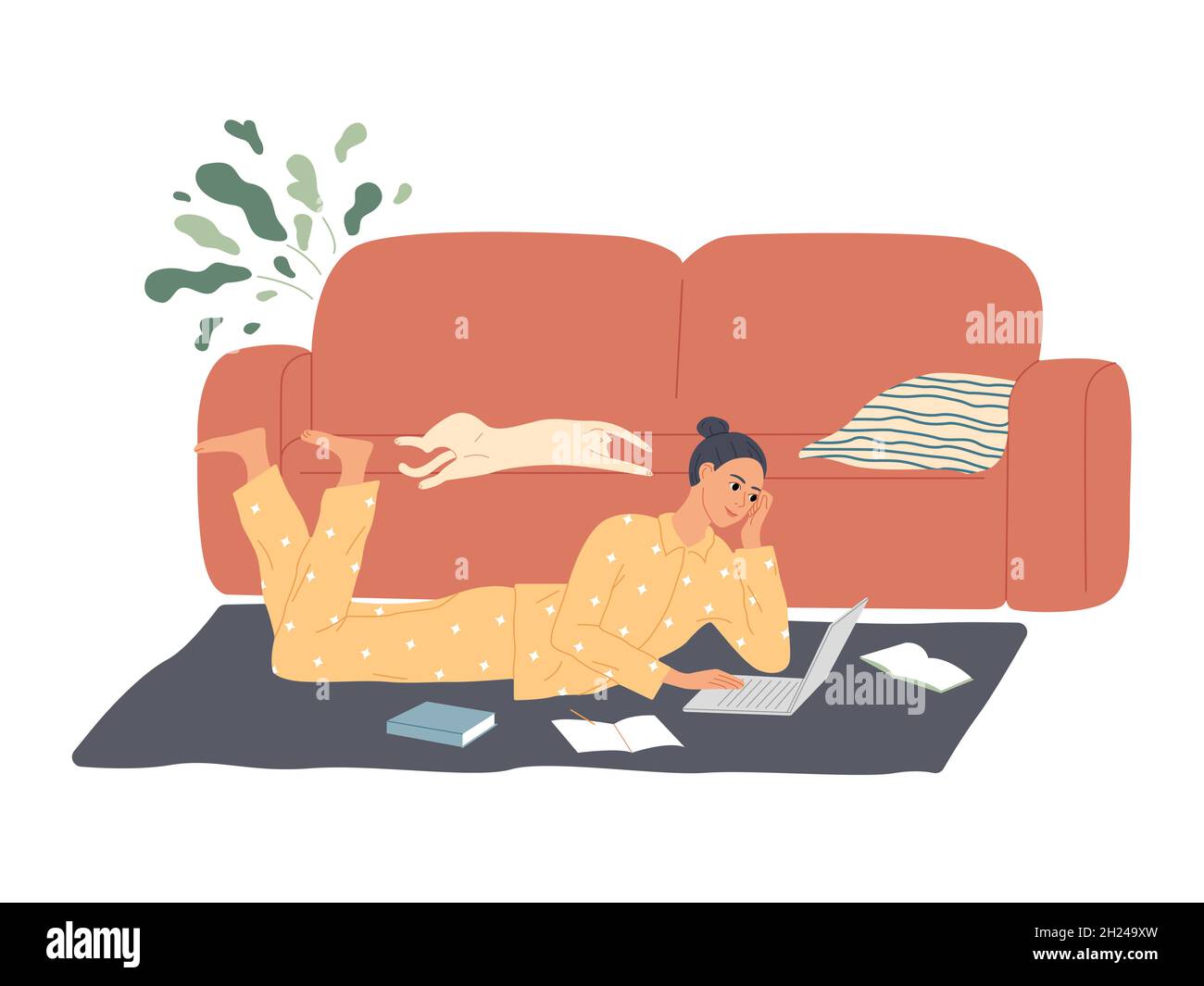 girl lies on the floor with a laptop, learning lessons, doing homework Stock Vector