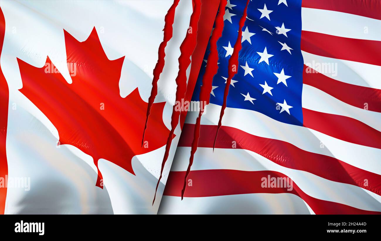 Canada and USA flags with scar concept. Waving flag,3D rendering ...