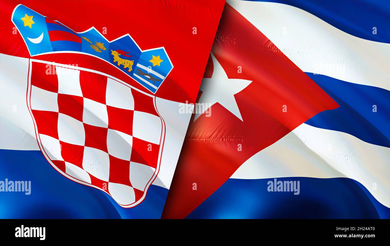 Croatia and Cuba flags. 3D Waving flag design. Cuba Croatia flag, picture, wallpaper. Croatia vs Cuba image,3D rendering. Croatia Cuba relations allia Stock Photo