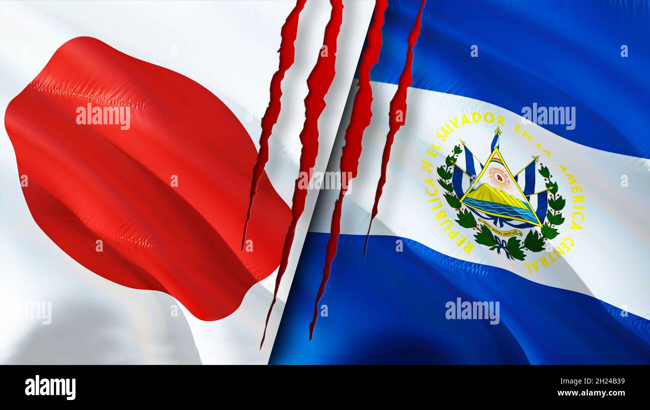 Japan and El Salvador flags with scar concept. Waving flag,3D rendering