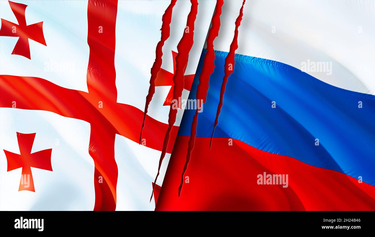 and Russia flags with scar concept. Waving flag,3D rendering