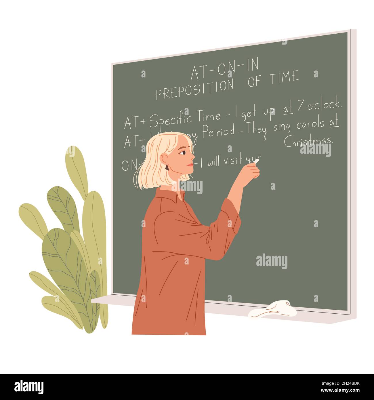 English teacher writes on a chalkboard. Foreign language lesson. Stock Vector