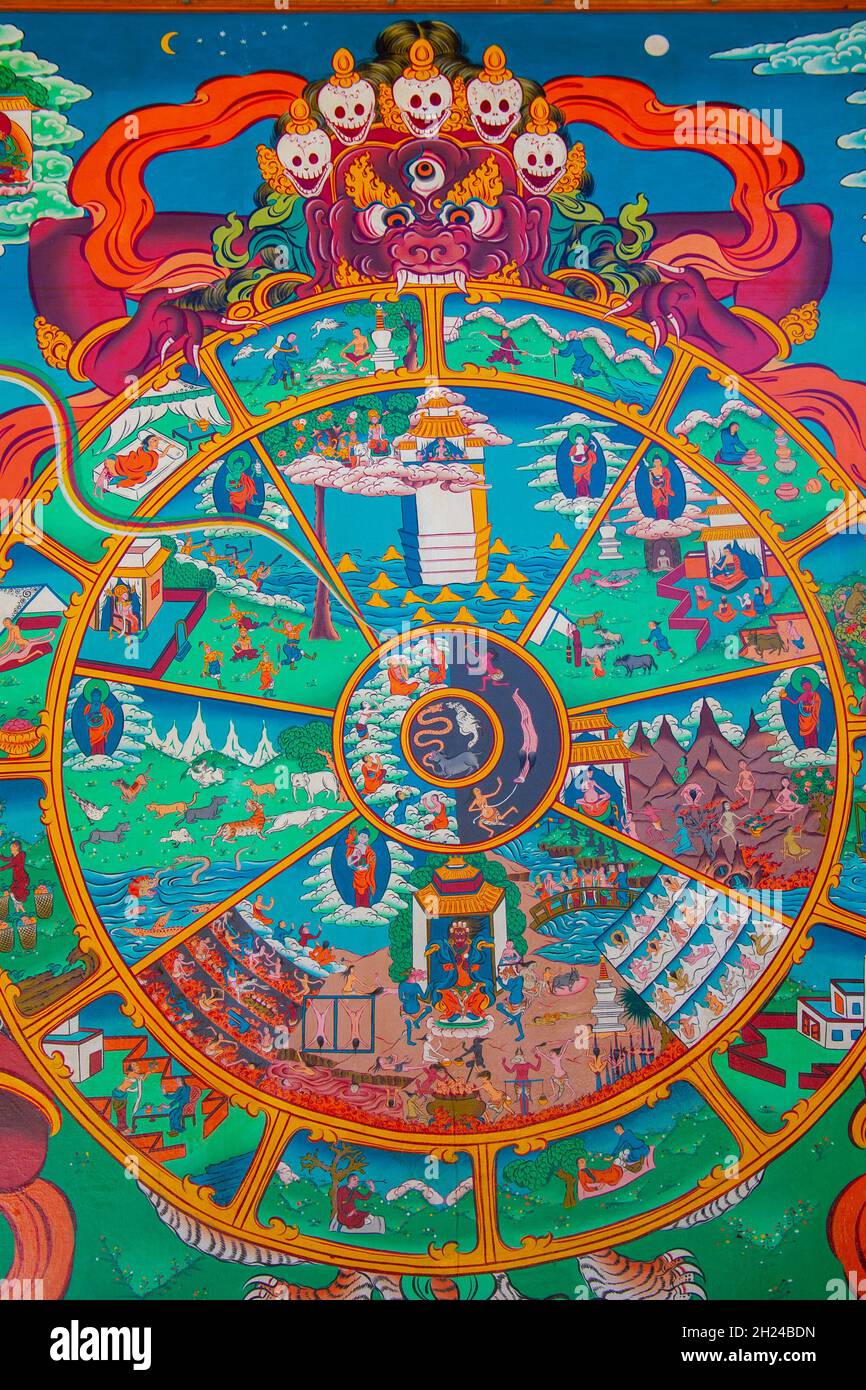 Hindu mural colourful art. Photographed in a rural and remote village in the Himalayas, Himachal Pradesh, India Stock Photo