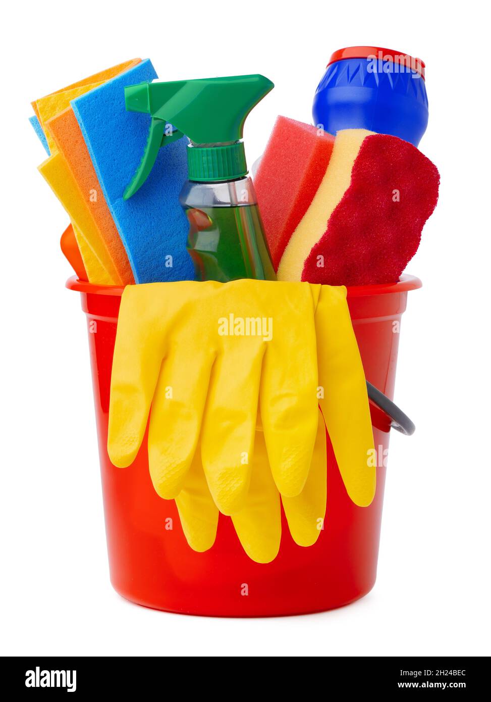 Red bucket with cleaning supplies isolated on white background Stock Photo Alamy