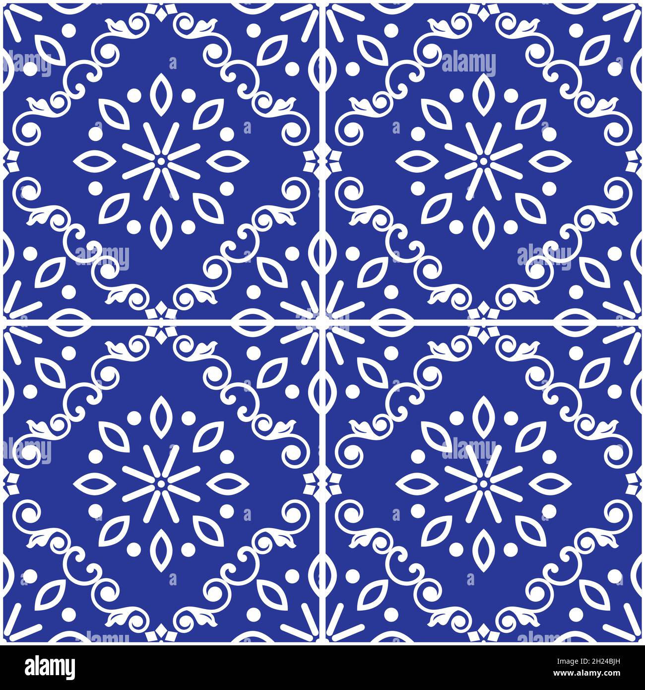 Lisbon style Azulejo tile seamless vector white on navy blue pattern, elegant decorative design inspired by art from Portugal with floral and geometri Stock Vector