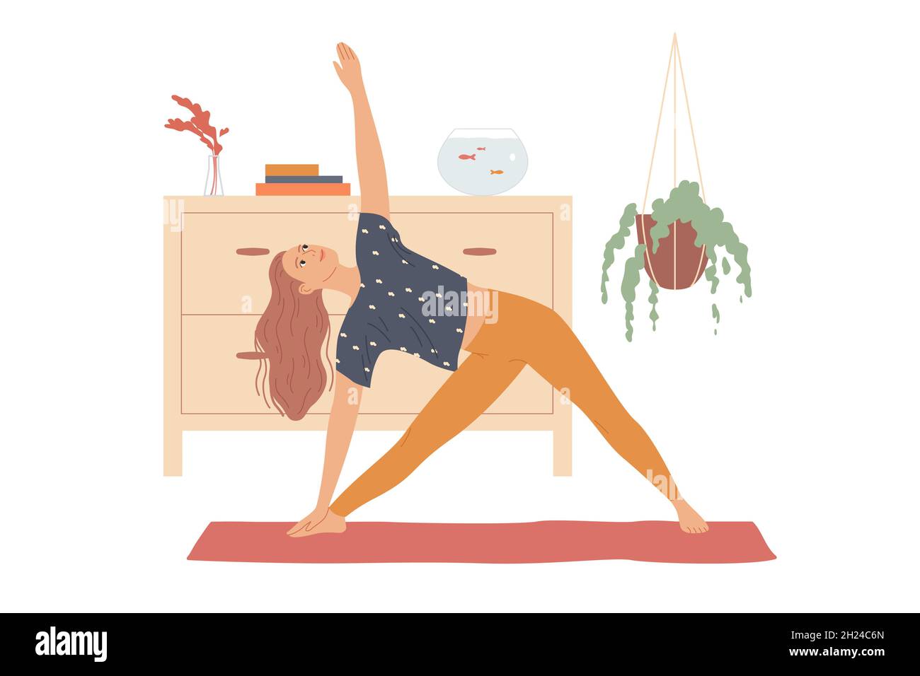 Woman performs yoga exercises by bending to the side and raising her hand - a triangle pose, three corners or Trikonasana Stock Vector