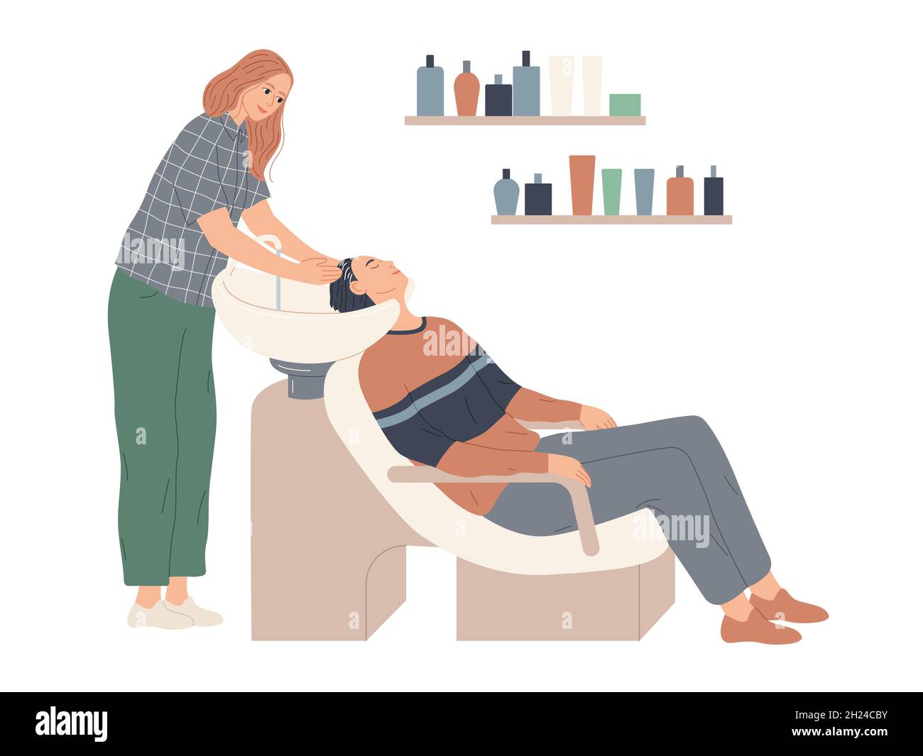 The hairdresser washes her client s hair in preparation for the haircut. Stock Vector