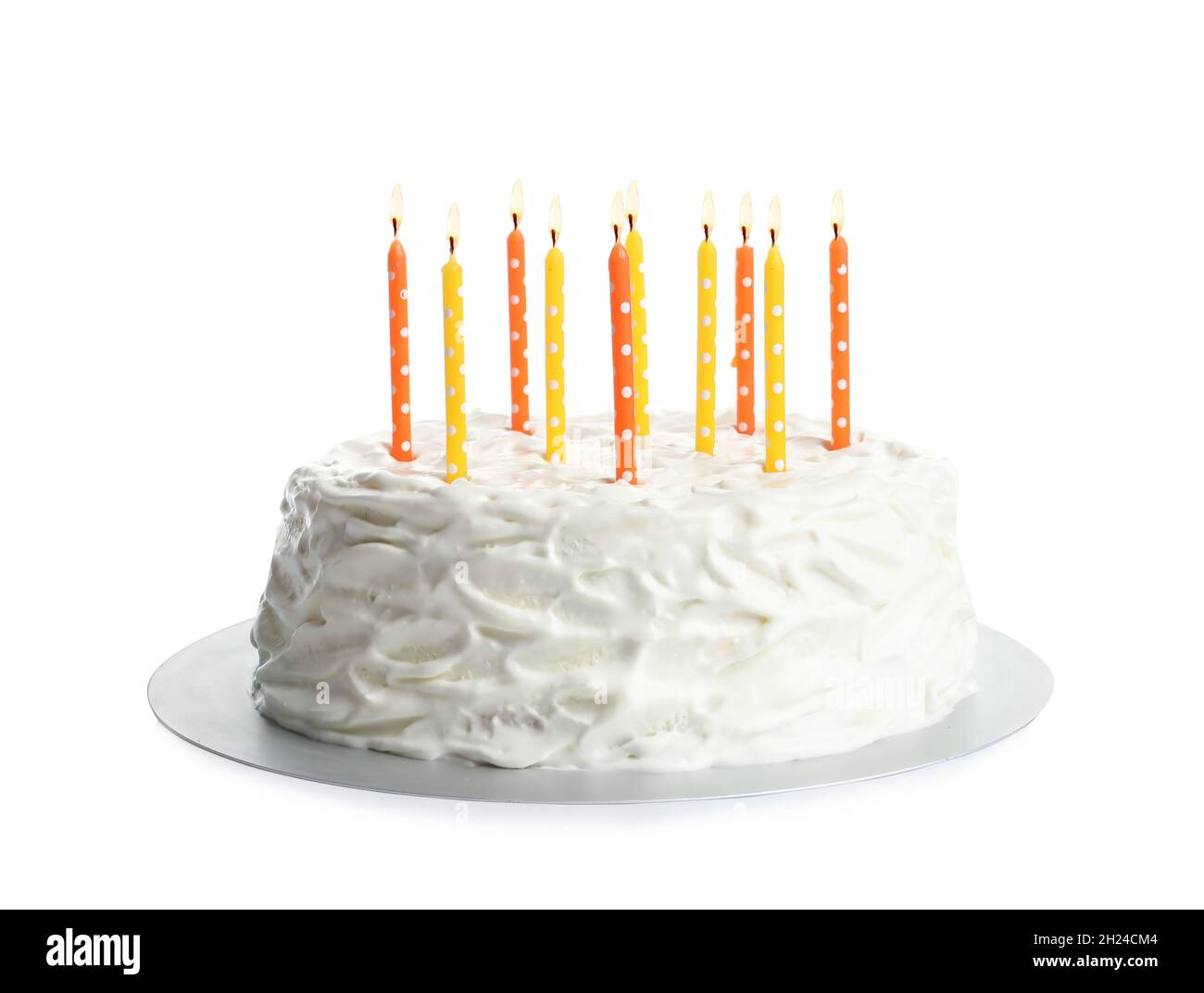 Birthday cake with candles on white background Stock Photo - Alamy