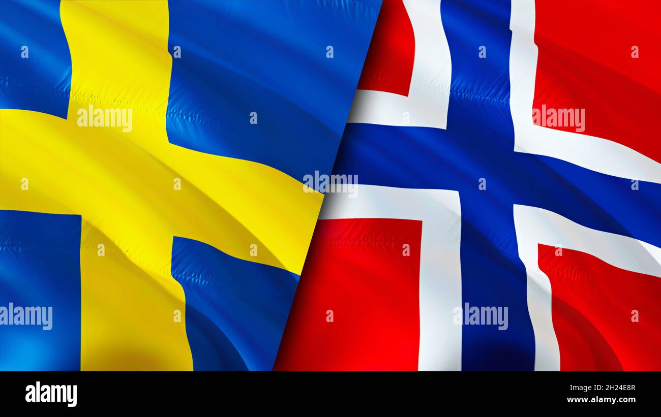 Sweden and Norway flags. 3D Waving flag design. Norway Sweden flag, picture, wallpaper. Sweden vs Norway image,3D rendering. Sweden Norway relations a Stock Photo