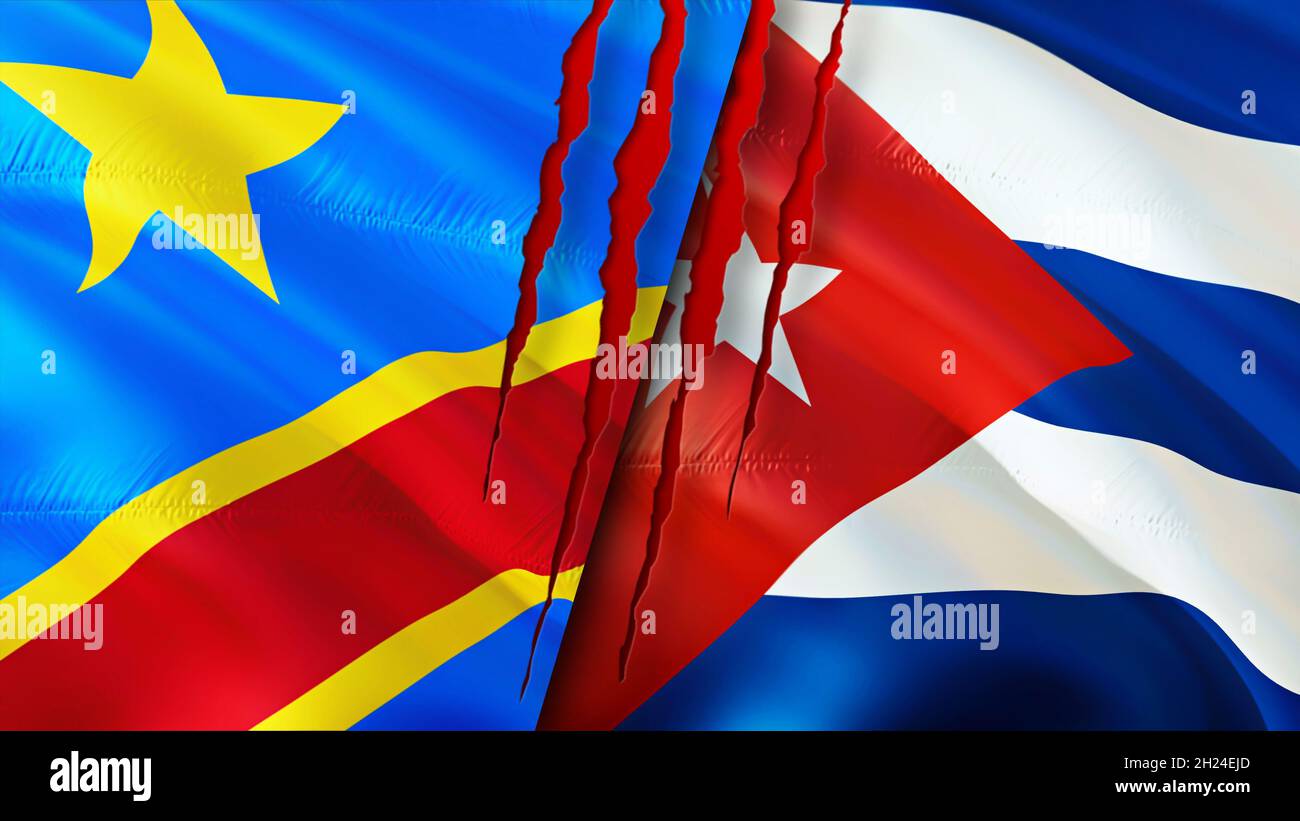 DR Congo and Cuba flags with scar concept. Waving flag,3D rendering. Cuba and DR Congo conflict concept. DR Congo Cuba relations concept. flag of DR C Stock Photo
