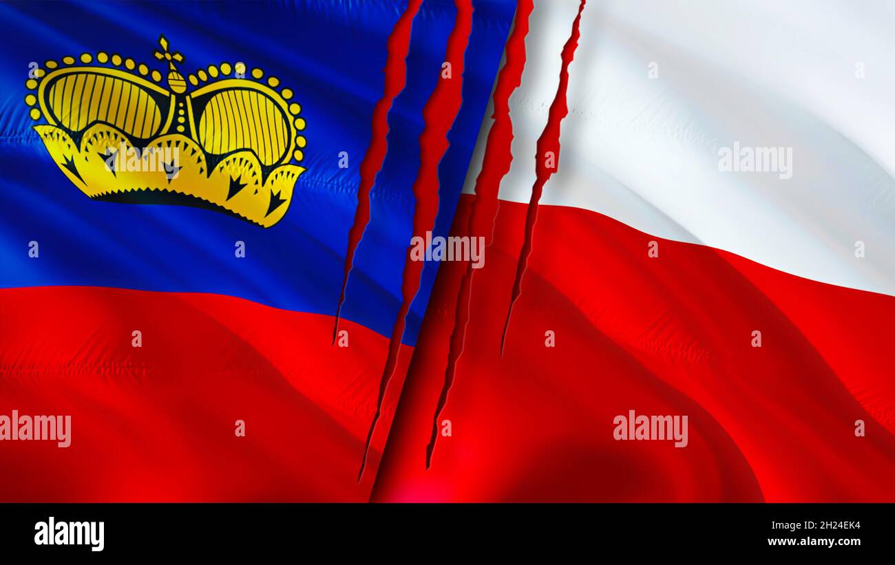 Liechtenstein and Poland flags with scar concept. Waving flag,3D ...