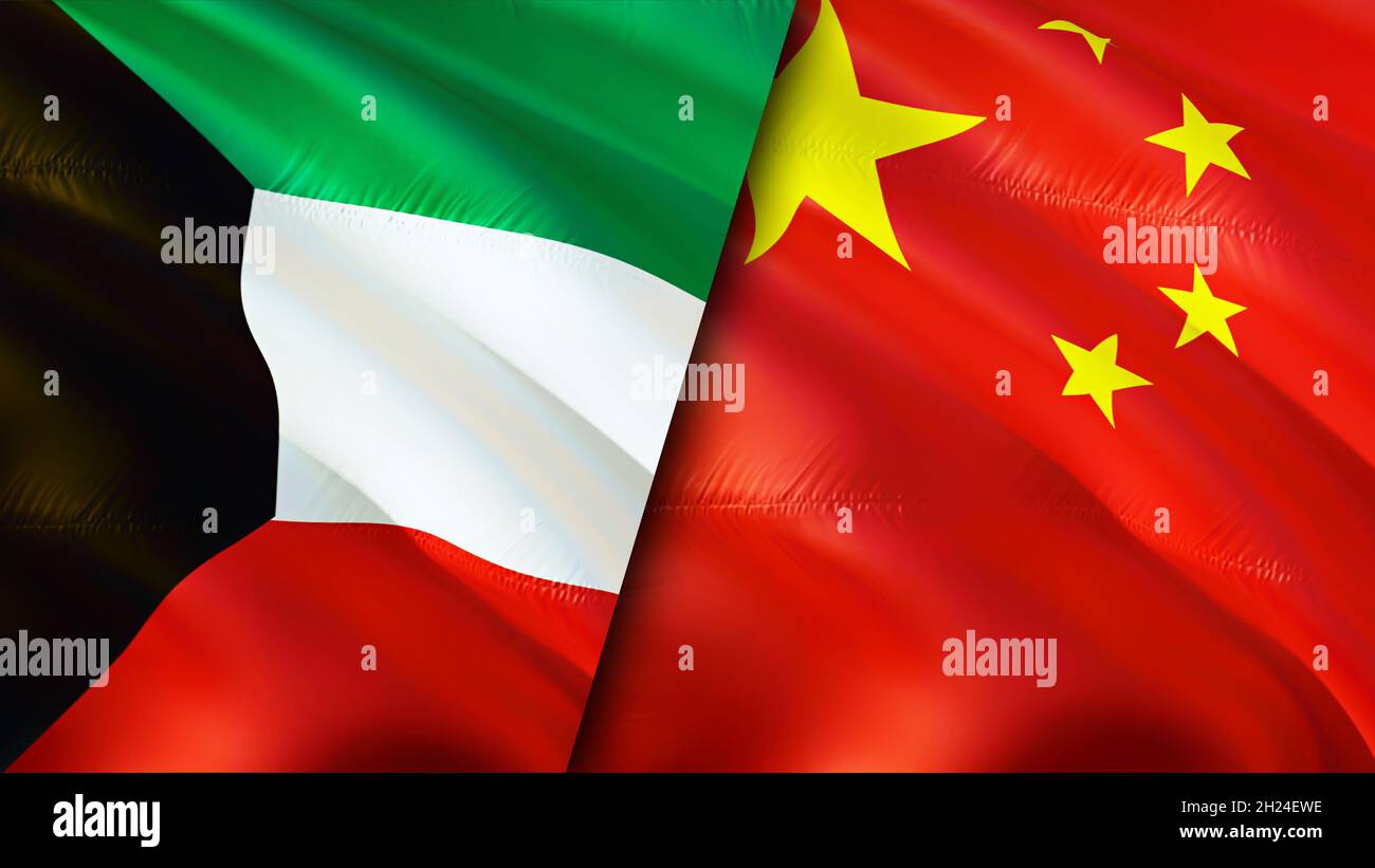 Kuwait and China flags. 3D Waving flag design. China Kuwait flag