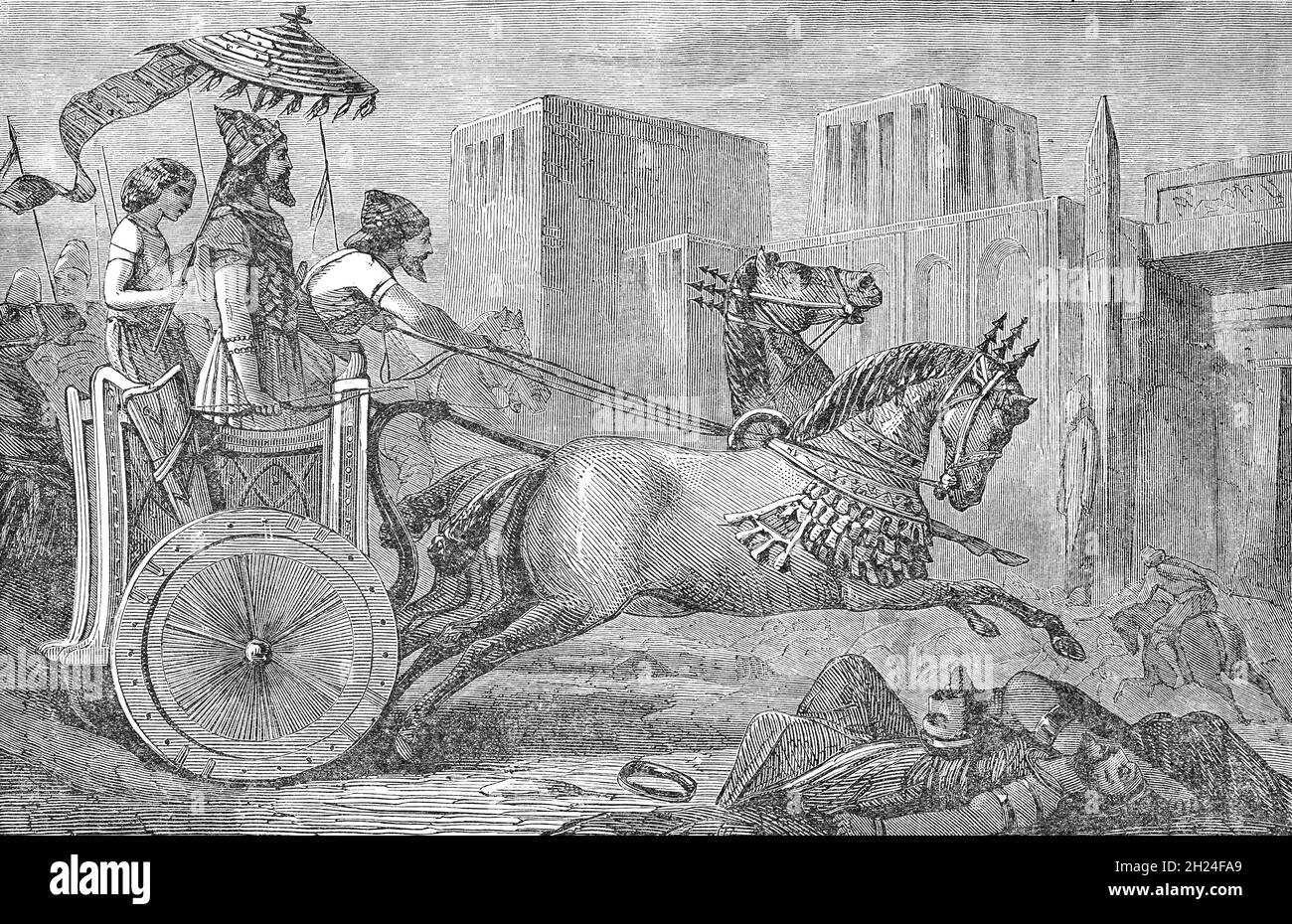 A late 19th Century illustration of  Cambyses II, the second King of Kings of the Achaemenid Empire from 530 to 522 BC entering Memphis in Egypt. He was the son and successor of Cyrus the Great. The conquest of Egypt, planned by Cyrus, was the major achievement of Cambyses’ reign and took place during the reign of Psamtik III. After Cambyses had won the Battle of Pelusium (525) in the Nile Delta and had captured Heliopolis and Memphis, Egyptian resistance collapsed. Stock Photo