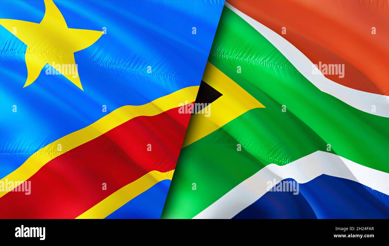 DR Congo and South Africa flags. 3D Waving flag design. South Africa DR