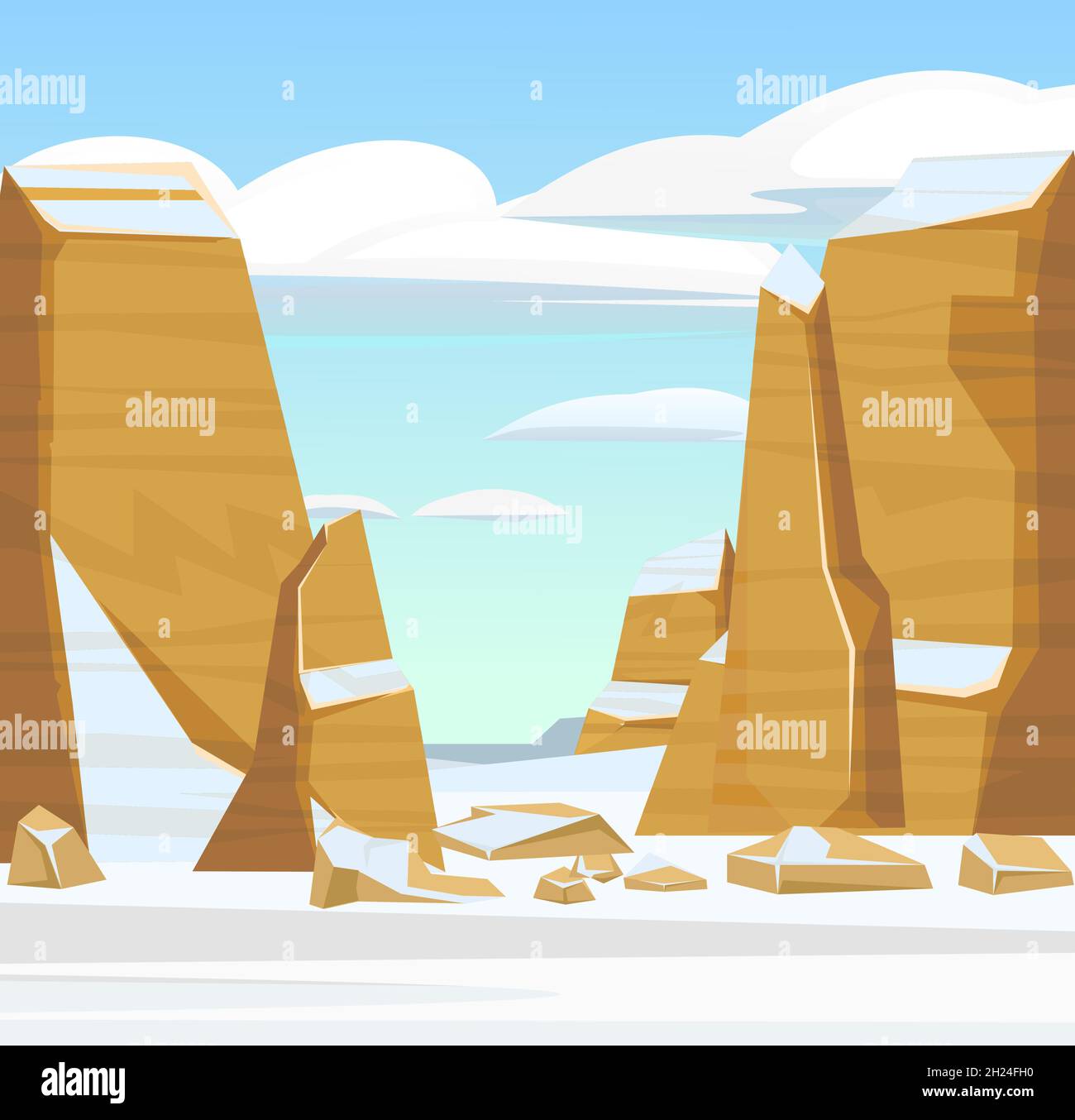 Rocky cliffs. Snowy desert. Desert natural landscape with stones. Illustration in cartoon style flat design. Vector. Stock Vector