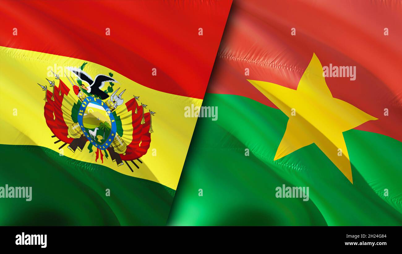Bolivia and Burkina Faso flags. 3D Waving flag design. Burkina Faso