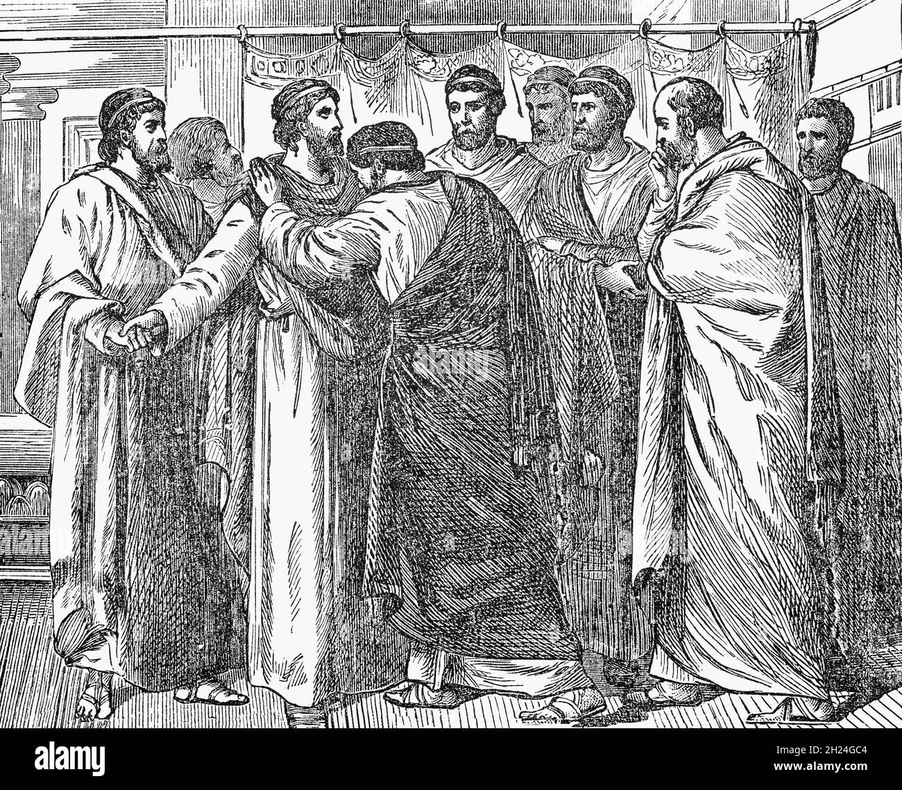 A late 19th Century illustration of Socrates (470–399 BC), a Greek philosopher from Athens who is credited as a founder of Western philosophy and the first moral philosopher of the ethical tradition of thought with friends before his trial in 399 BC. He went on trial for corrupting the minds of the youth of Athens, worshipping false gods and not worshipping the state religion. He was found guilty by a majority vote cast by a jury of hundreds of male Athenian citizens and sentenced to death. Stock Photo