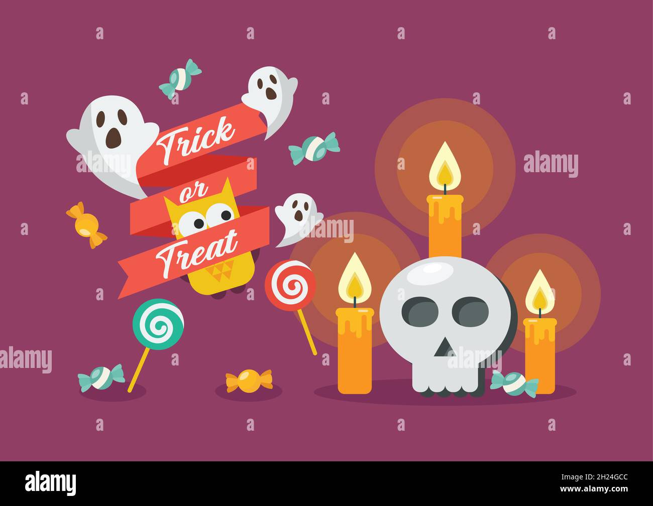 Halloween skull and candle postcard. Vector illustration Stock Vector